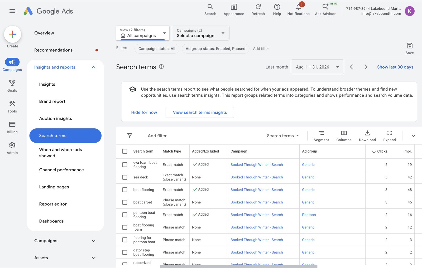 Google Ads search terms report, Lakebound Marine, Aug 1–31, 2026, sorted by clicks: eva foam boat flooring (added, 5 clicks), sea deck (none, 5), boat flooring (added, 3), boat carpet (none, 3), pontoon boat flooring (added, 2), boat flooring foam (none, 2), flooring for pontoon boat (none, 2), gator step boat flooring (none, 2)