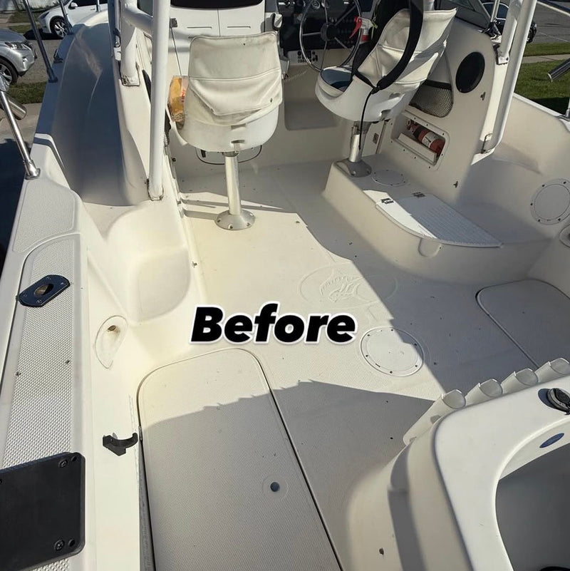 Boat deck before a marine flooring install by Lakebound Marine